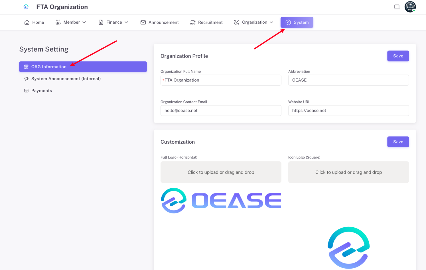 System Settings page with ORG Information tab highlighted.png