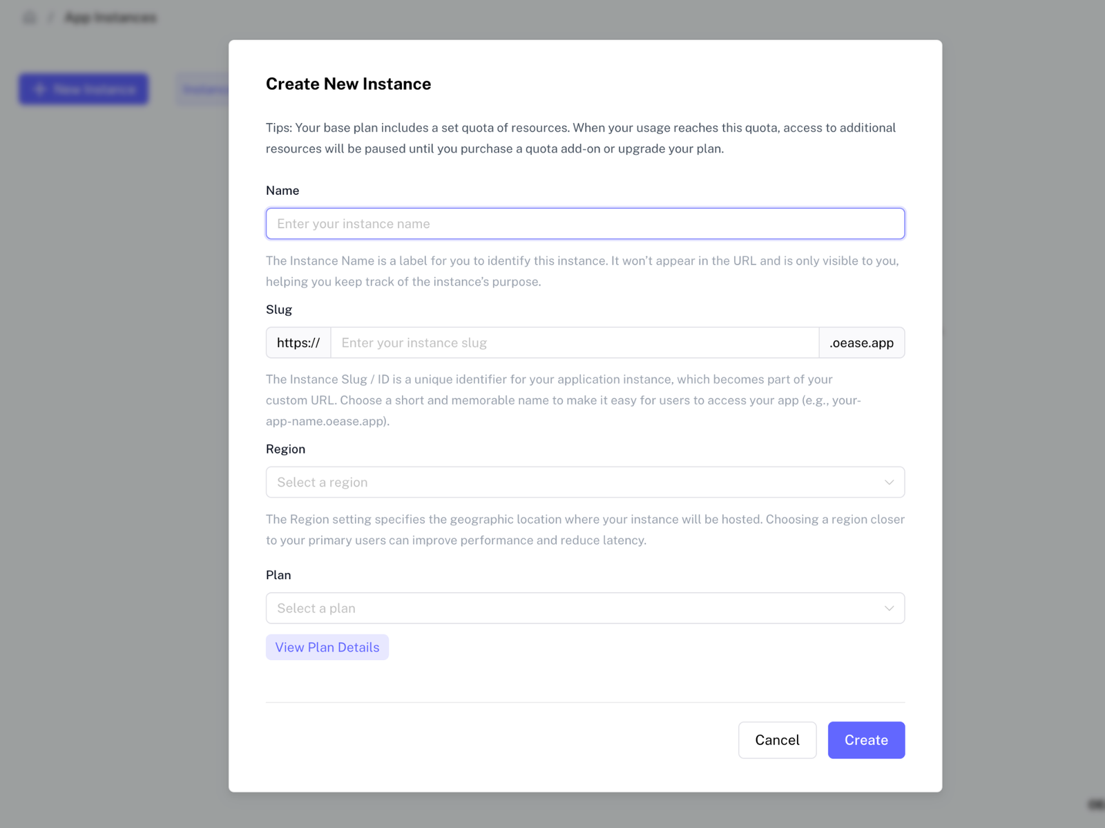 Create New Instance Modal